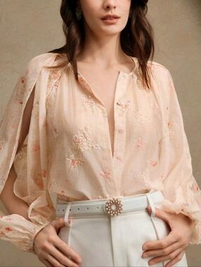 Sheer Peach Floral Split-Sleeve Blouse Size 4